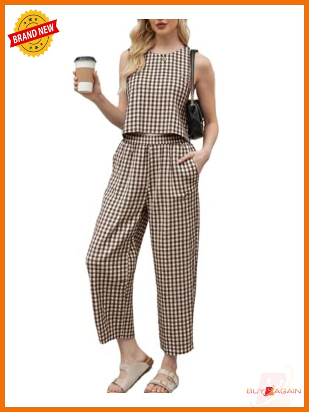 Cotton Linen Blend Gingham Tank Top Wide Leg Pants Matching Lounge Set